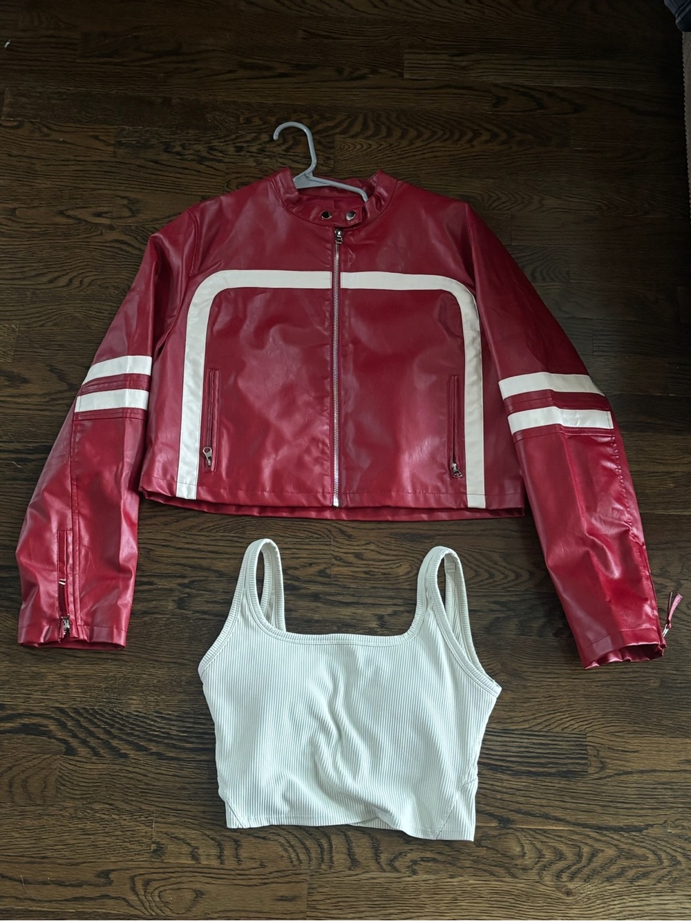 Red Cropped Moto Jacket with White Stripe Detail and white cropped top